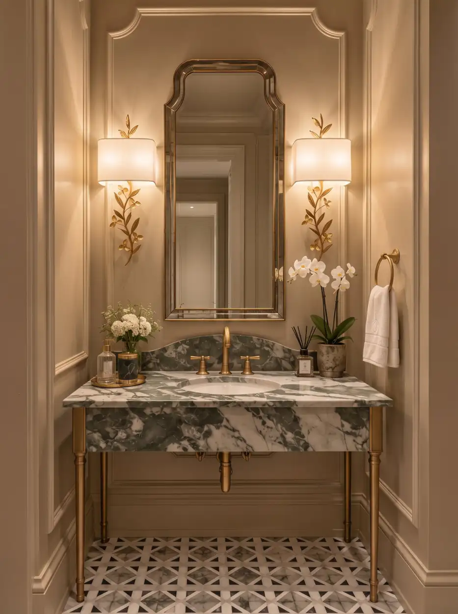 Powder room with a green marble basin on slender gold legs