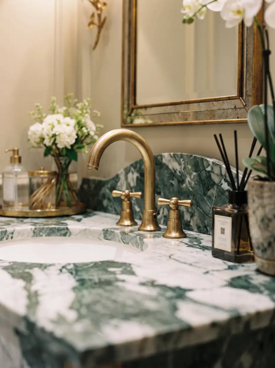 Green marble basin with brass taps and white flowers