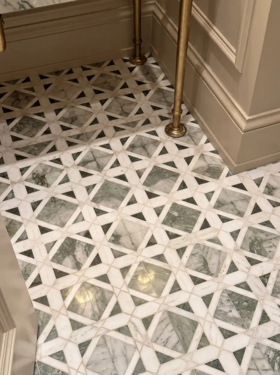 Geometric floor in green and ivory marble