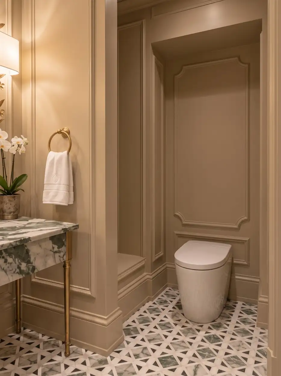 WC with panelled walls and a patterned marble floor