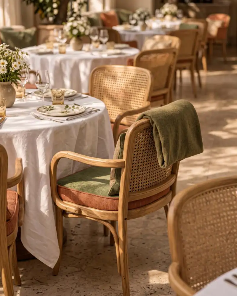 Dining room of white tablecloths and cane chairs in Mediterranean light