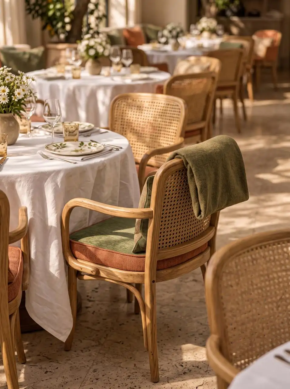 Dining room of white tablecloths and cane chairs in Mediterranean light