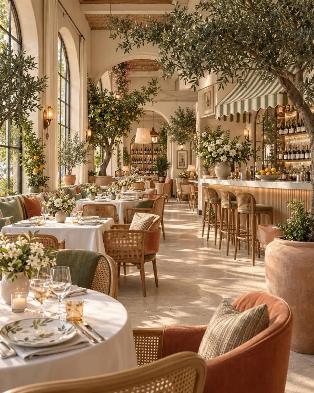 Dining room with a striped awning over the bar and olive trees