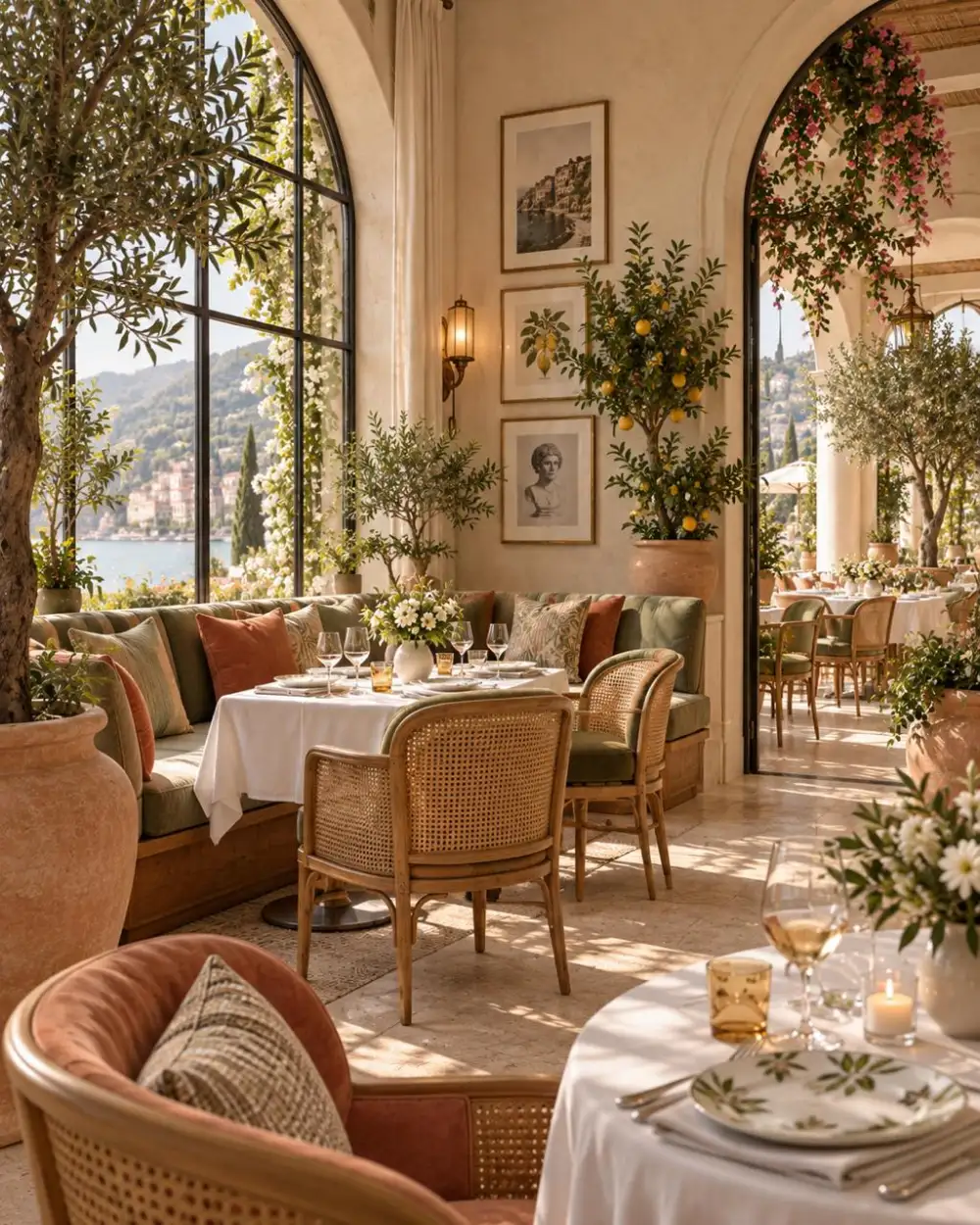 Dining room by arched windows overlooking the sea