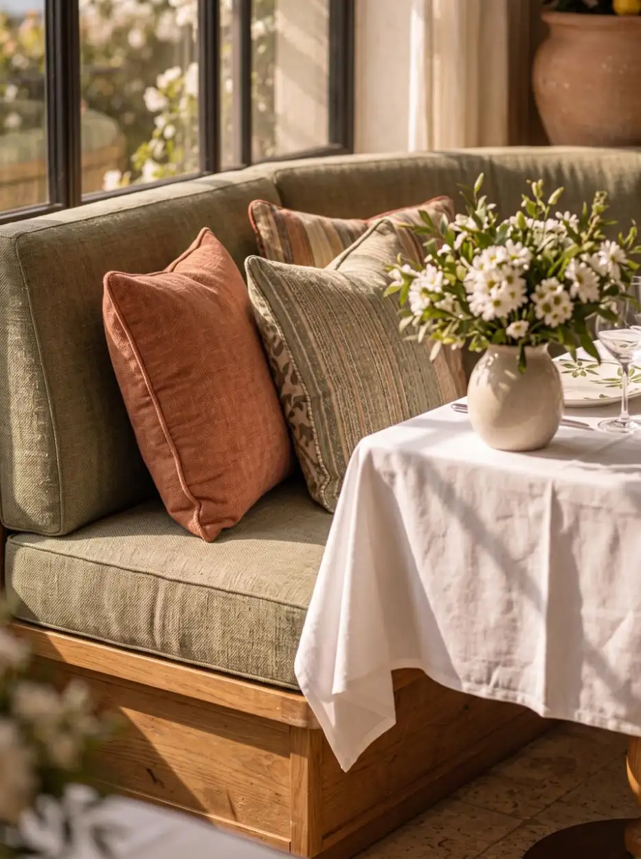 Olive green banquette with terracotta cushions