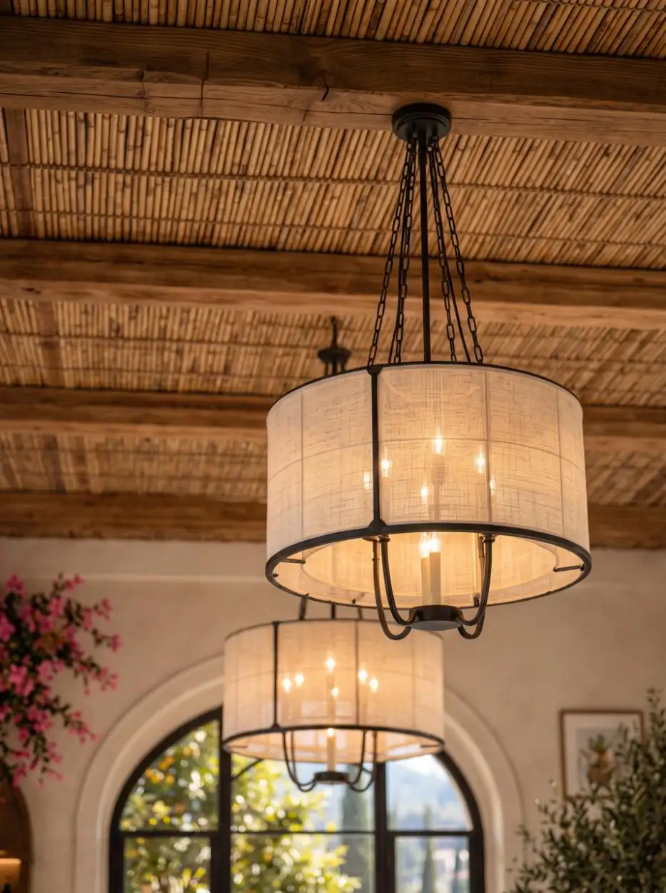 Linen lantern pendants beneath a cane ceiling