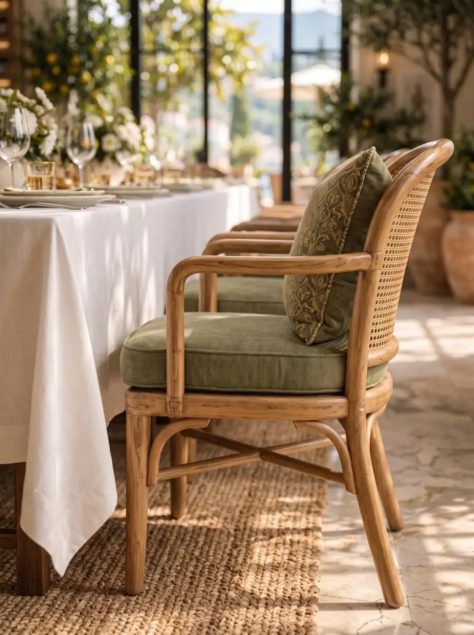 Cane chair with an olive cushion at the long table