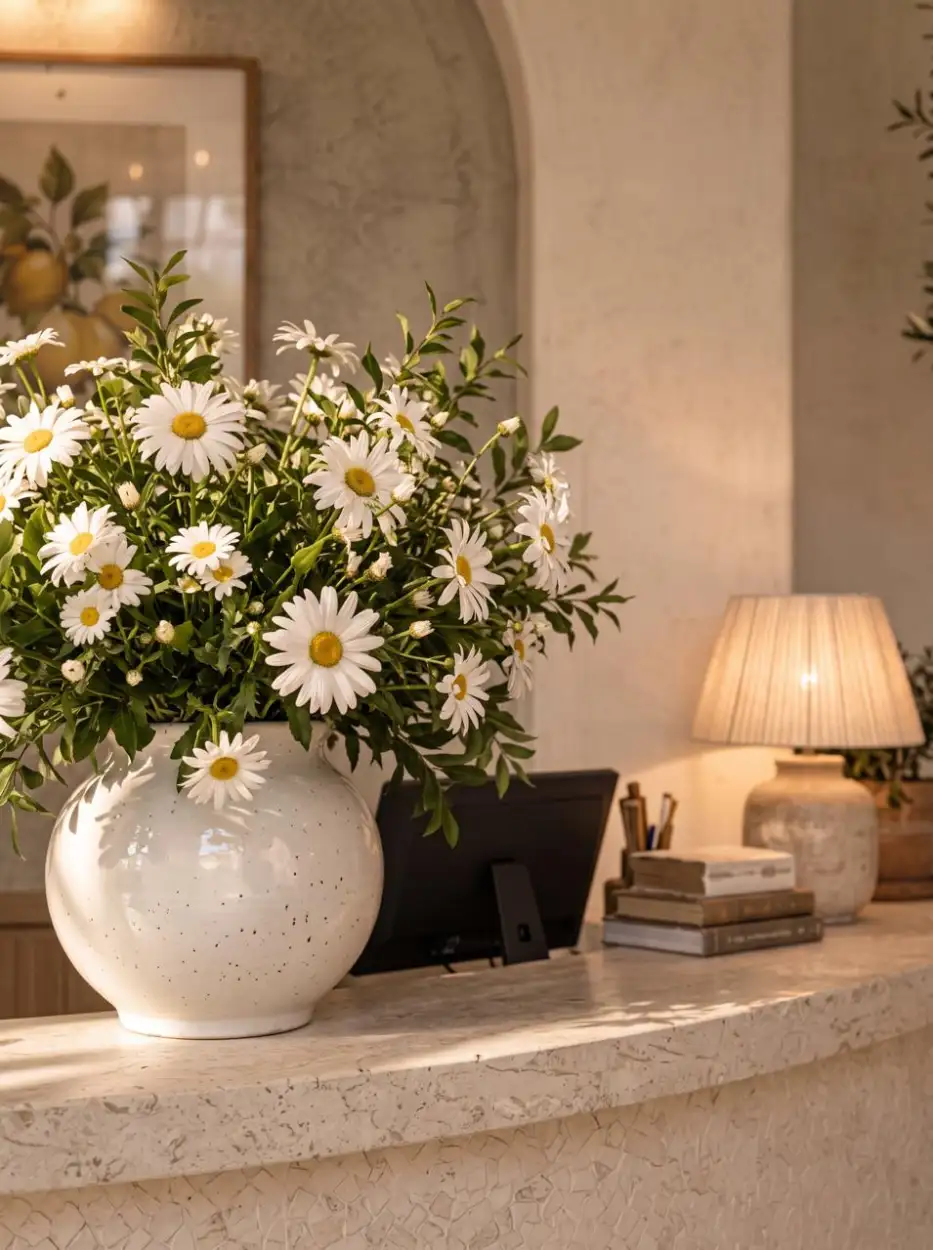 Daisies in a white vase beside a lamp