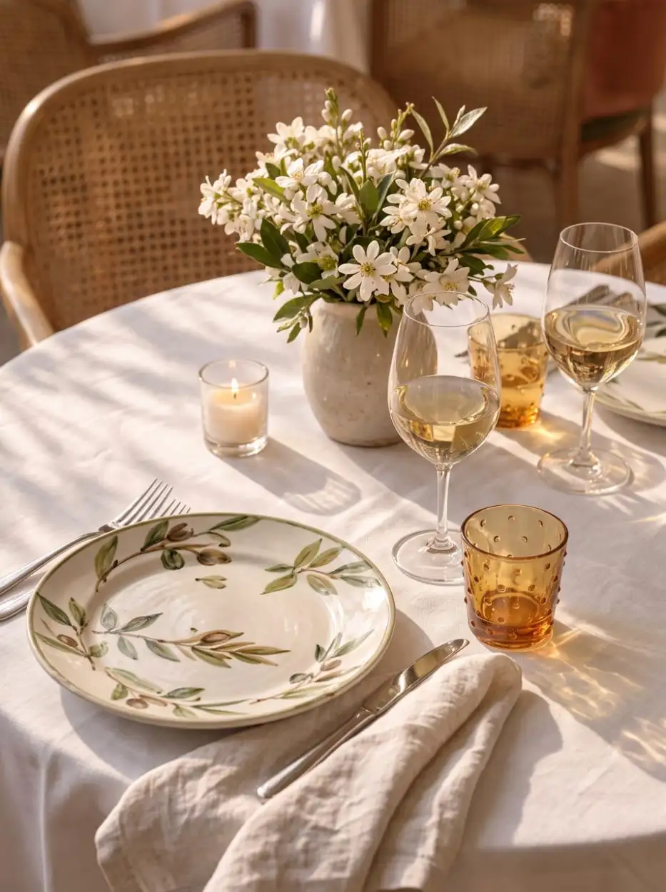 Table set with olive-branch plates and white flowers