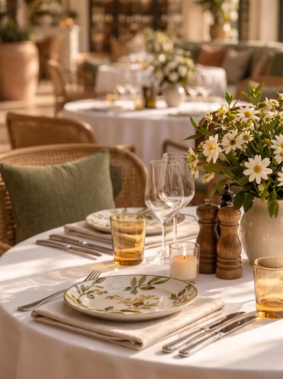 Round table with lemons, flowers and olive-branch plates