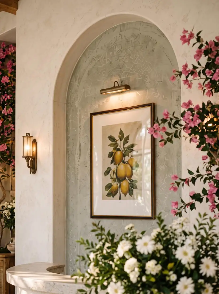 Arched niche with a lemon print and bougainvillea