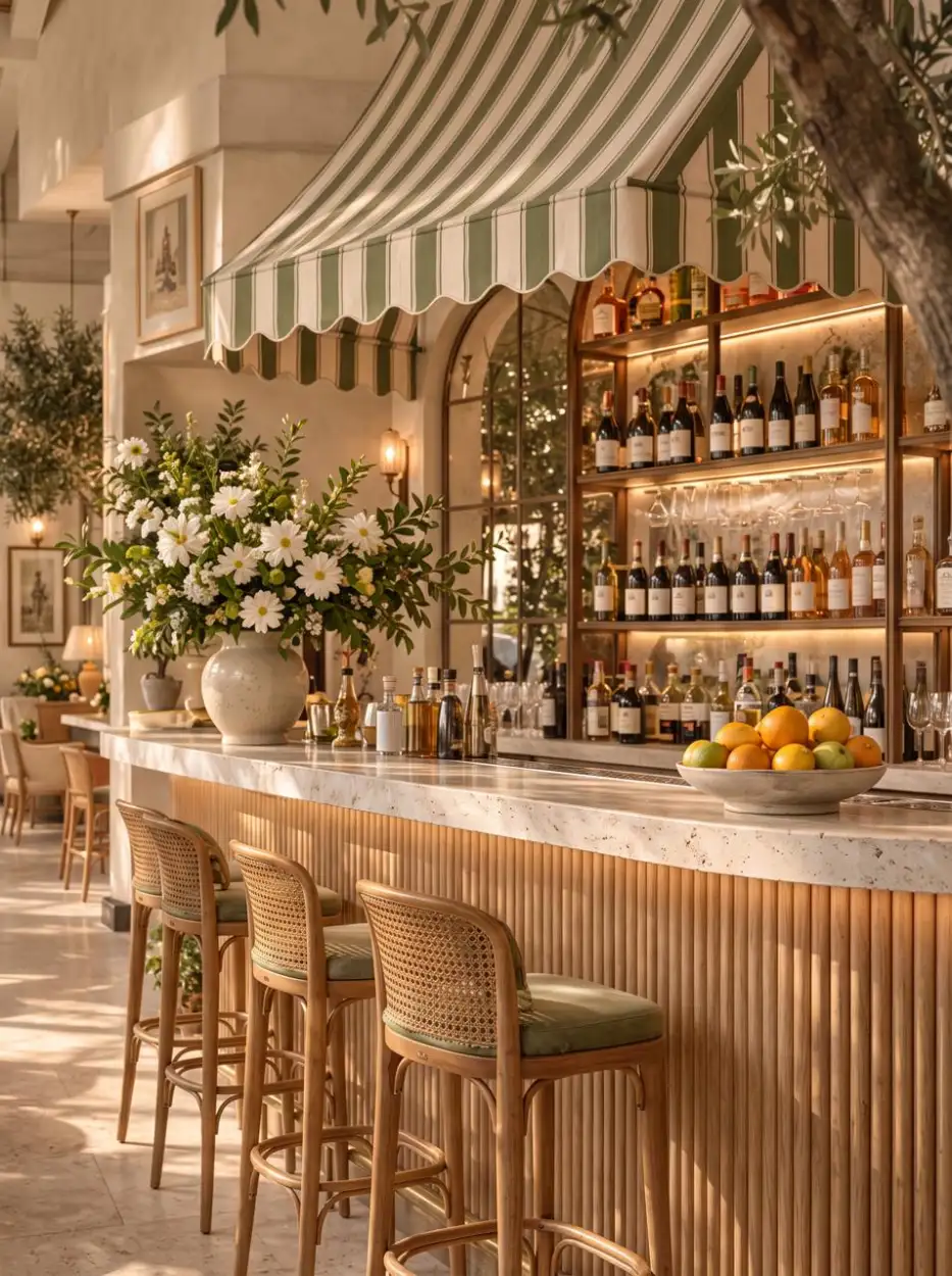 Bar with cane stools beneath a striped awning