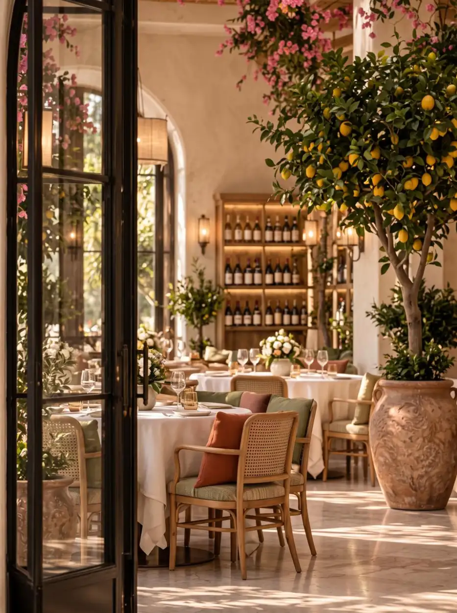 Black steel doors opening onto the dining room and a lemon tree