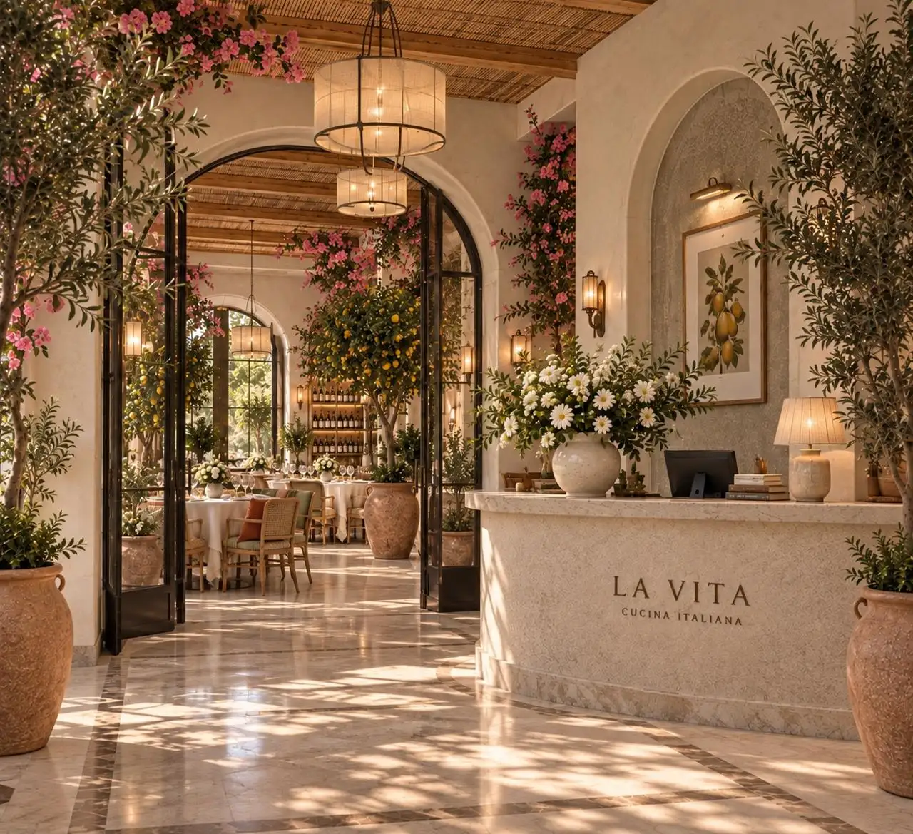 Entrance arch with the LA VITA reception and flowers