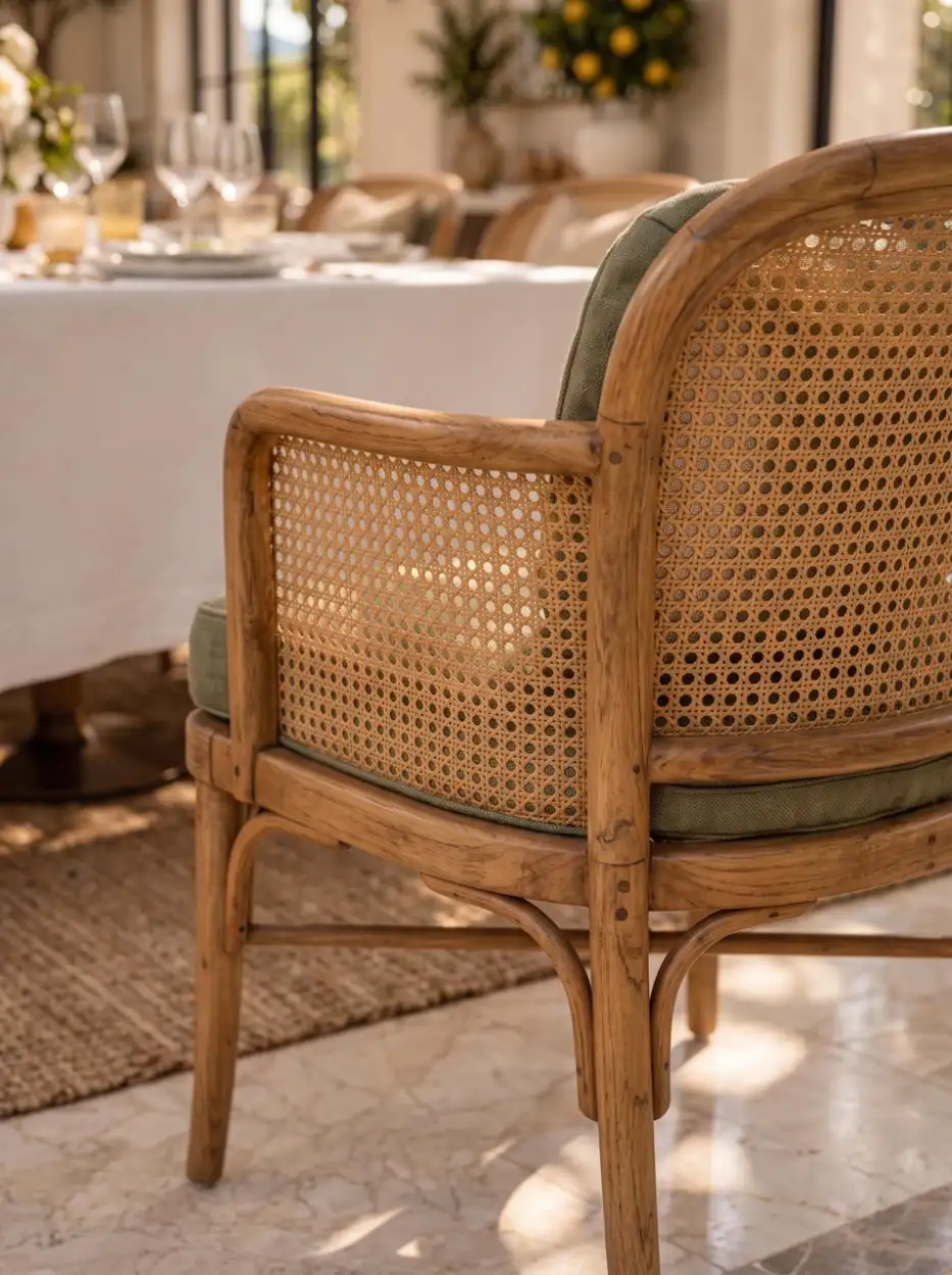 Cane-backed chair at a white-clothed table
