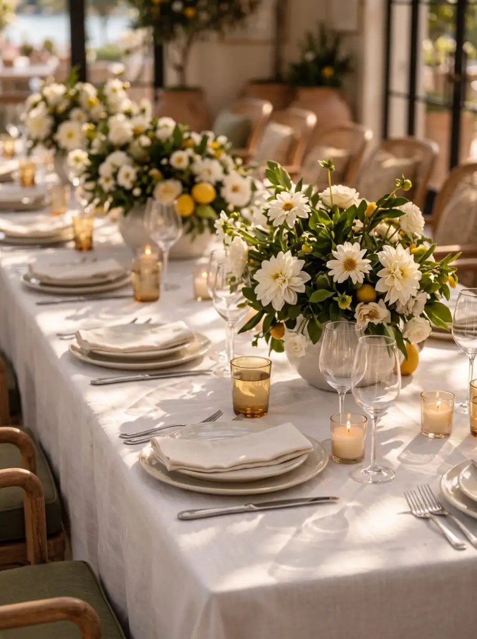 Long table of white flowers, lemons and candles