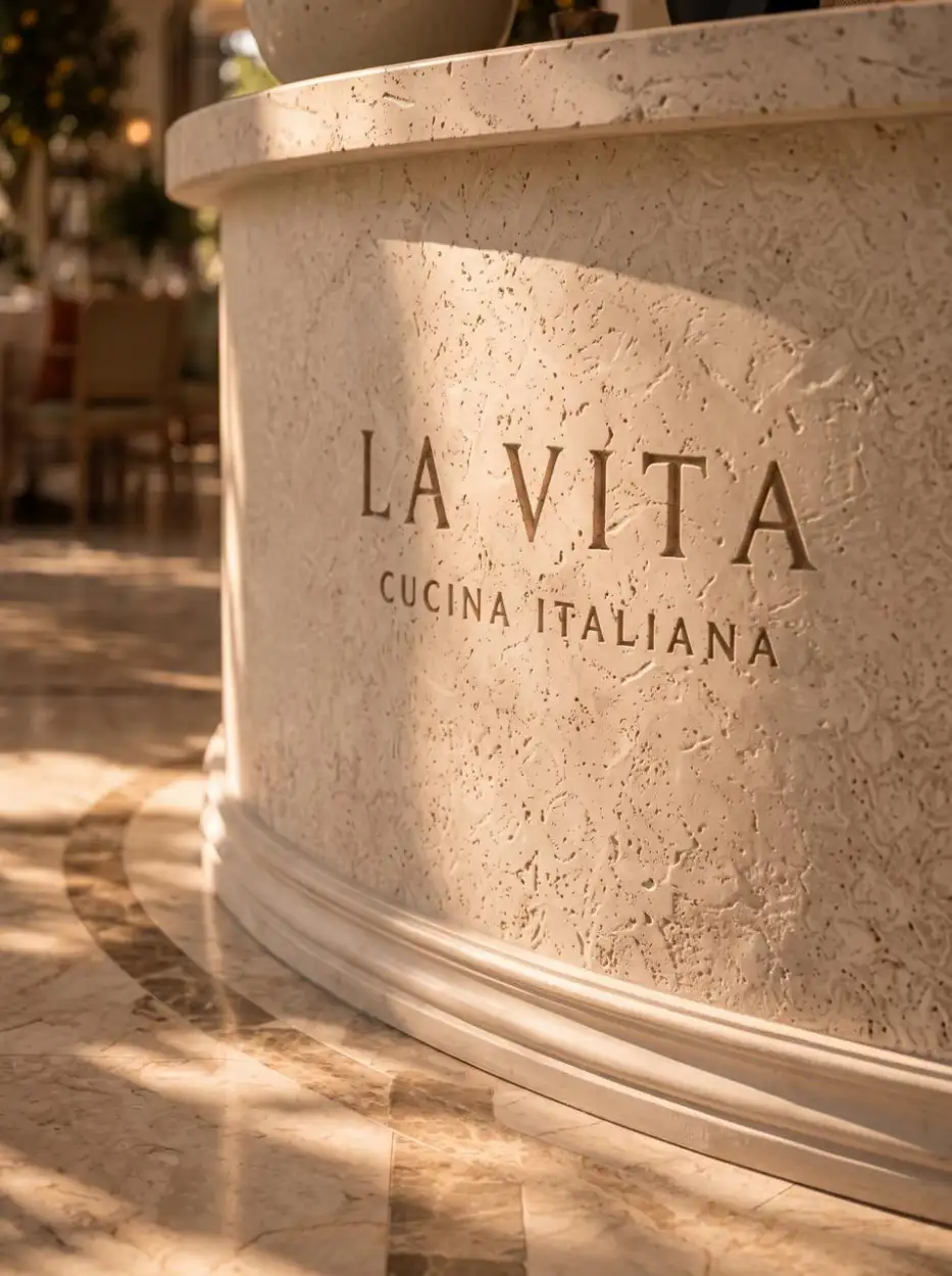 LA VITA name carved into the stone reception