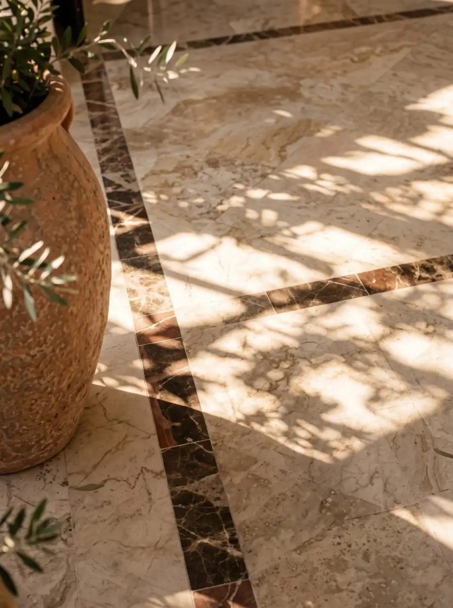 Marble floor with a dark inlay in dappled light