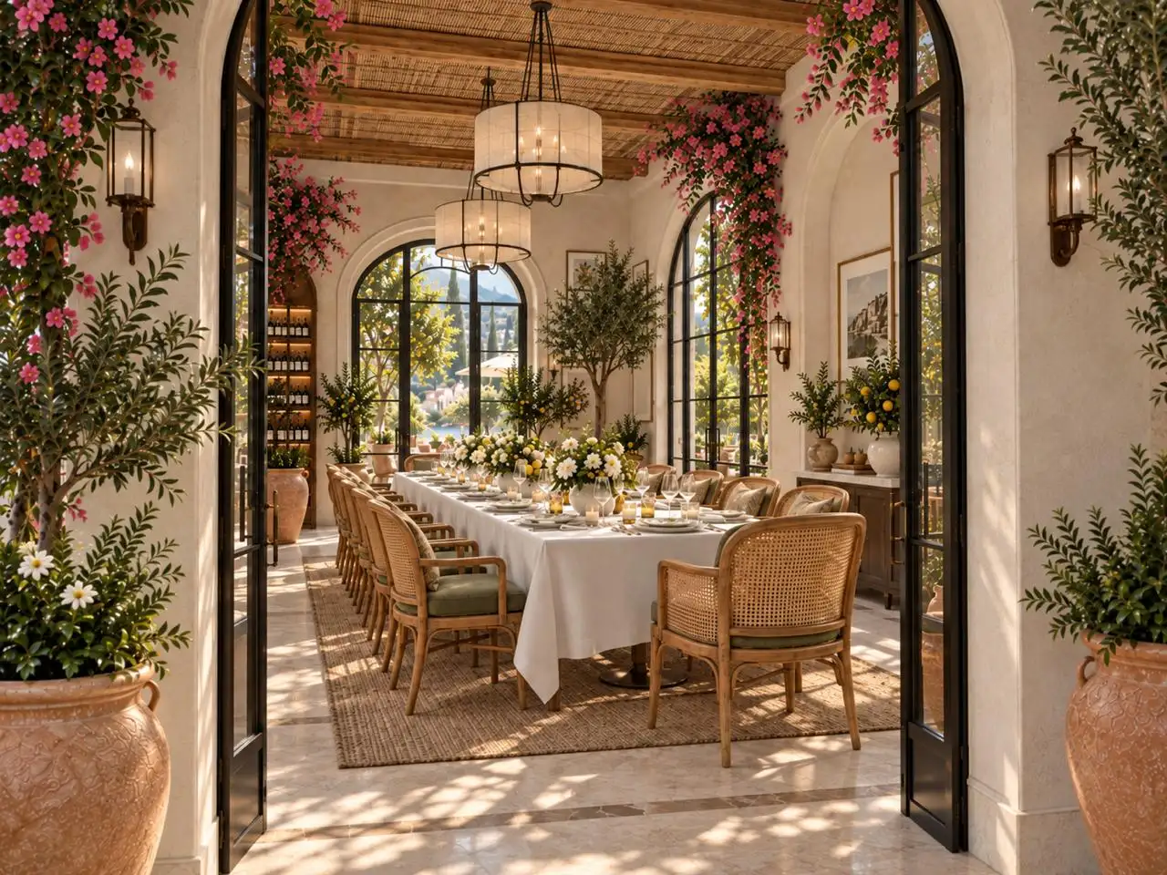 Private dining room beneath arched windows and bougainvillea