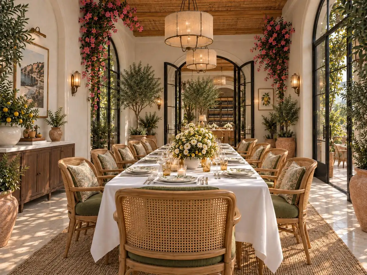 Long table set beneath lantern pendants in the private room