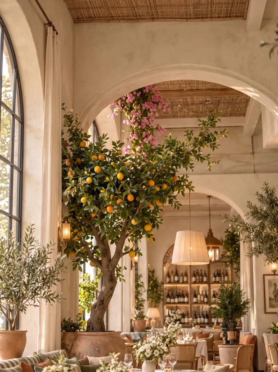 Lemon tree beneath an arch leading to the wine wall
