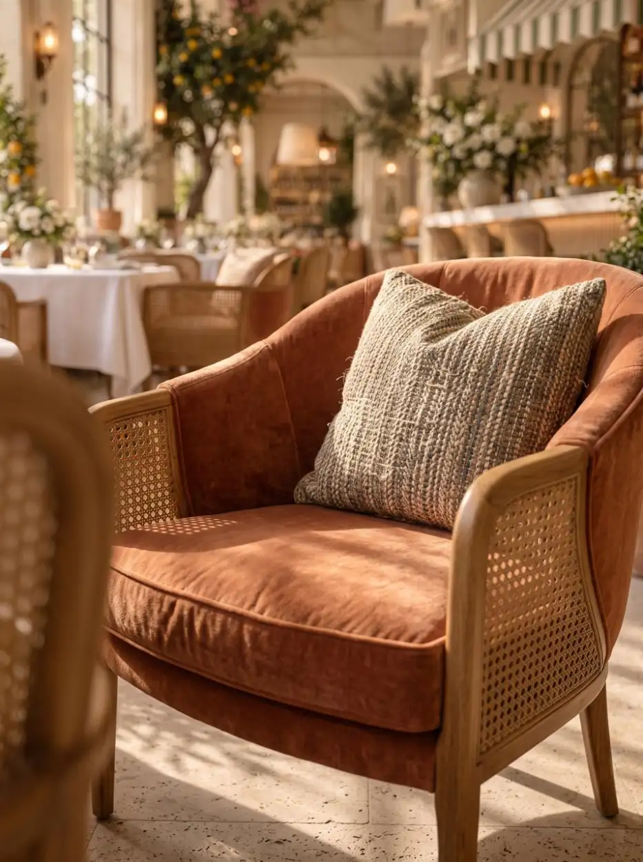 Terracotta velvet armchair with cane sides