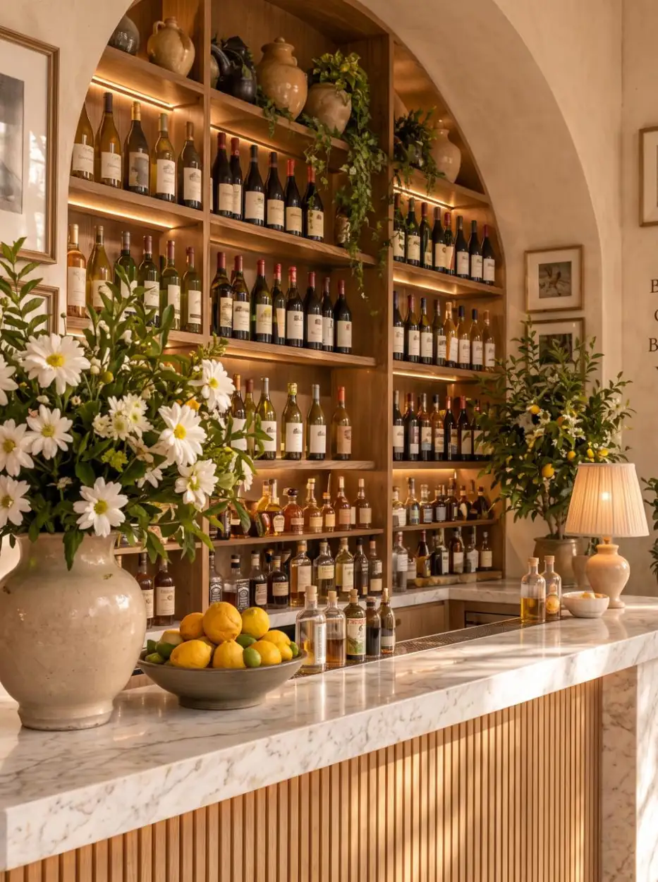 Arched wine wall above a counter with lemons and white flowers