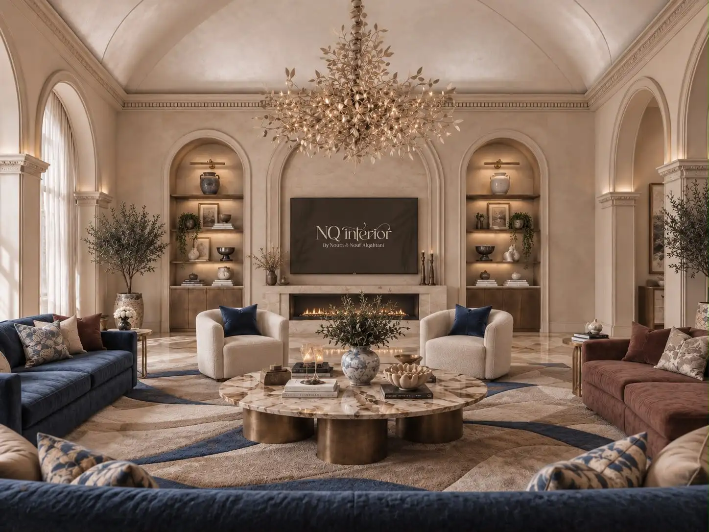 Vaulted living room with a leaf chandelier, NQ Interior on the screen, and blue and plum sofas