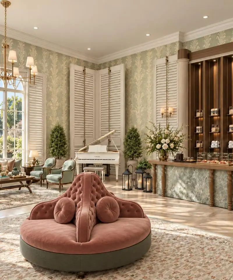 Lobby with a pink velvet banquette, botanical wallpaper and arched windows onto palms