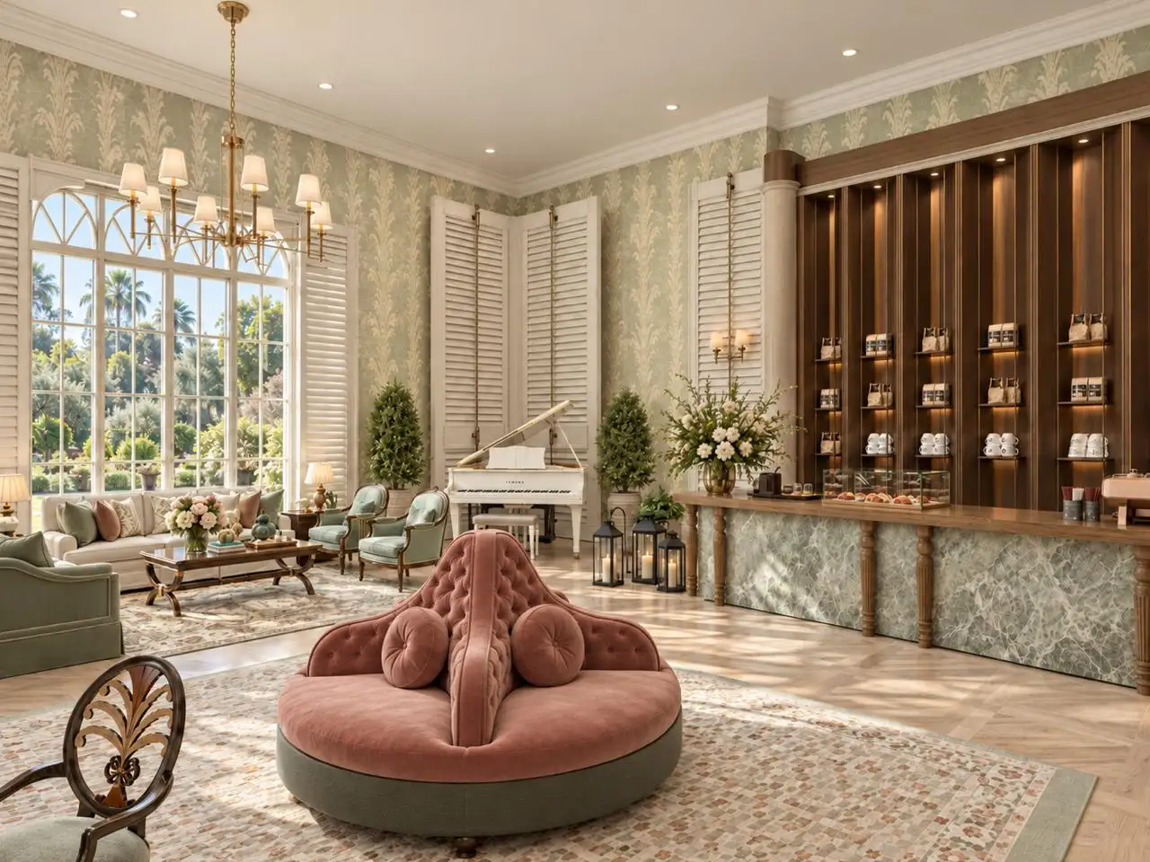 Lobby with a pink velvet banquette, botanical wallpaper and arched windows onto palms