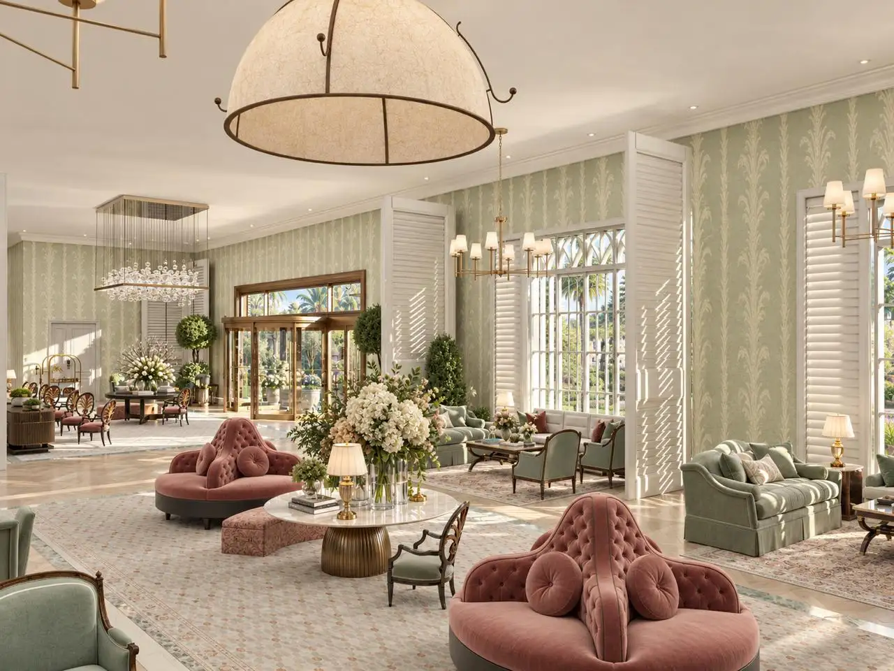 Lobby beneath a linen dome pendant with green and pink seating