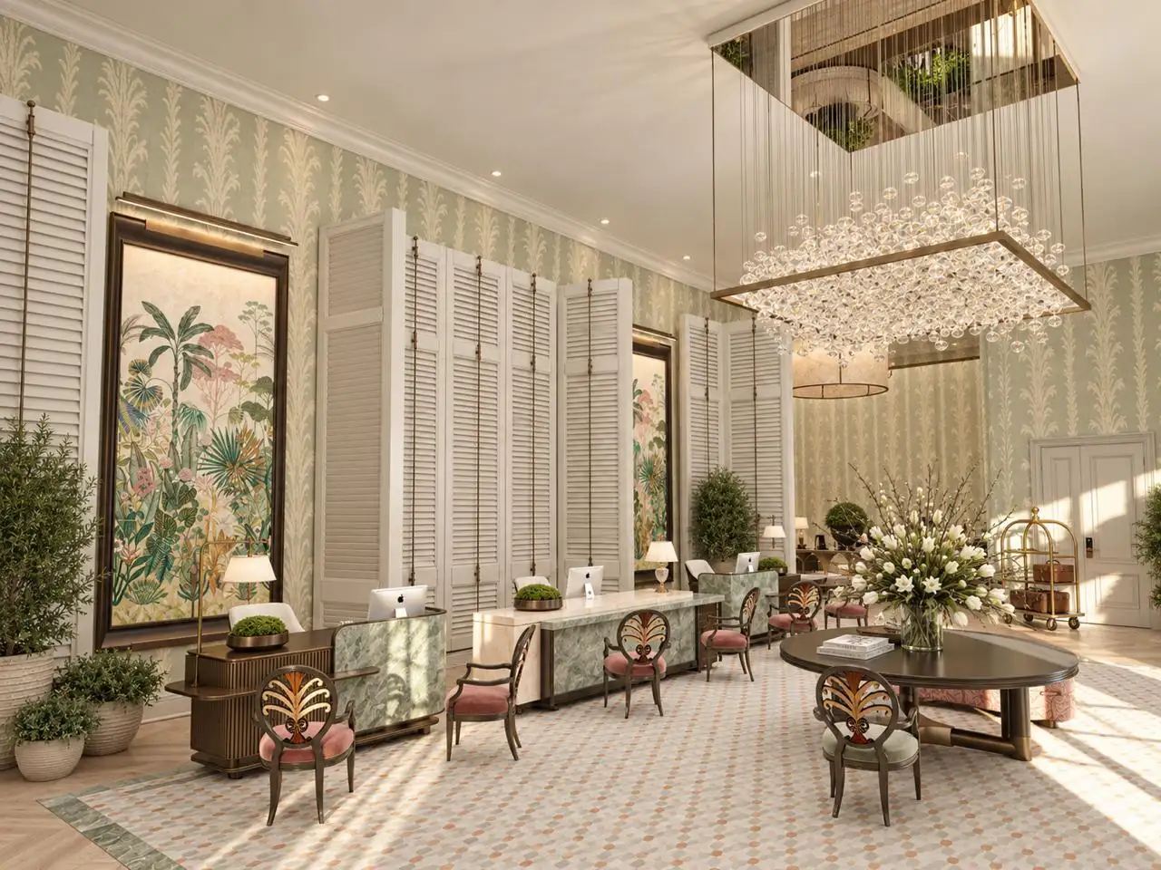 Lobby with a palm mural and crystal chandeliers