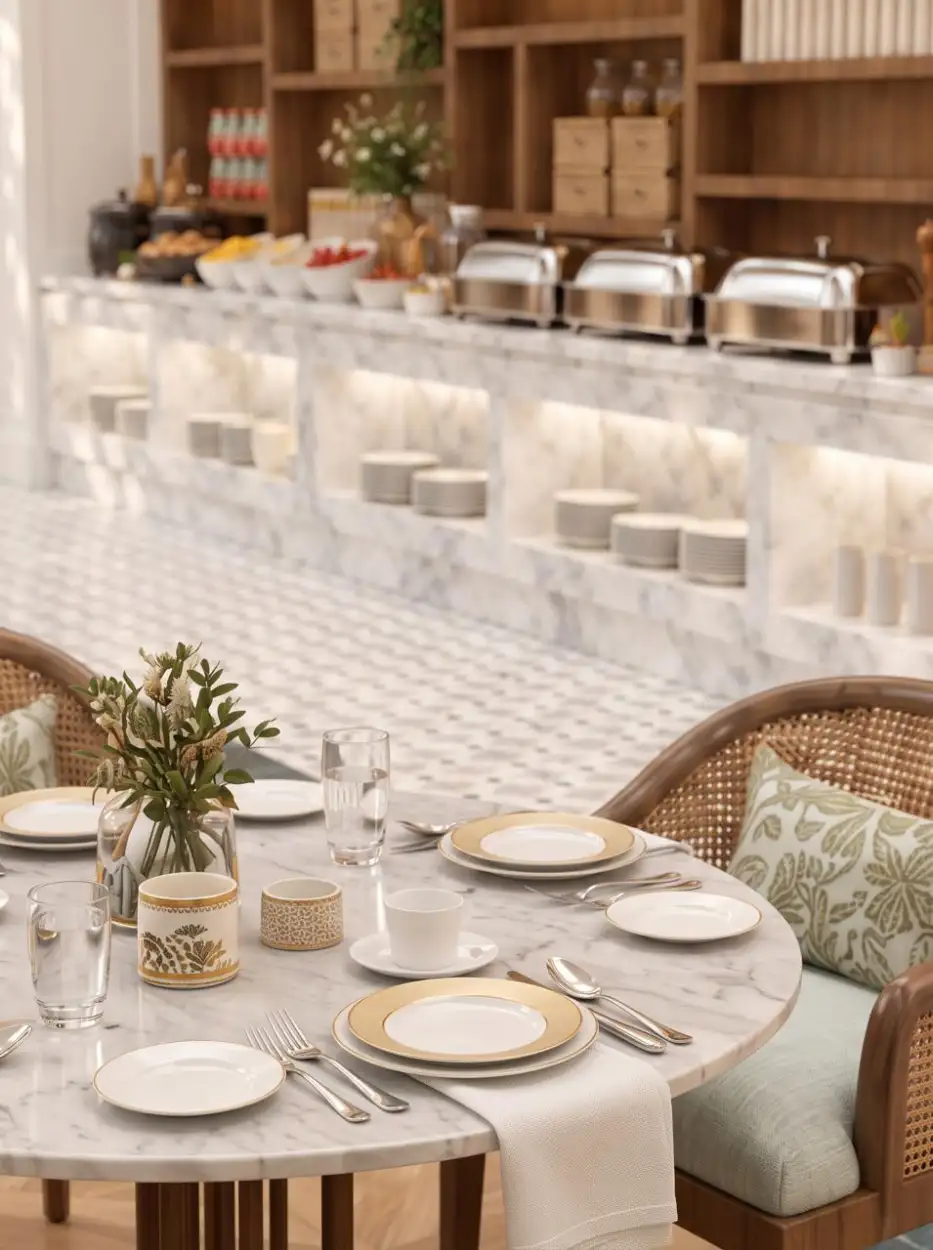 Breakfast buffet in marble with a set table