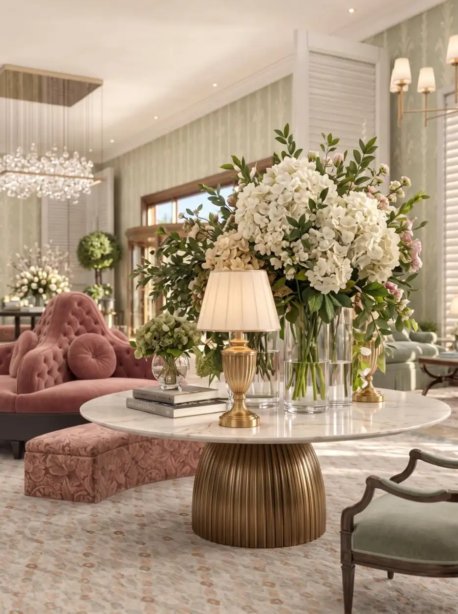 Round table of white flowers beside a pink banquette