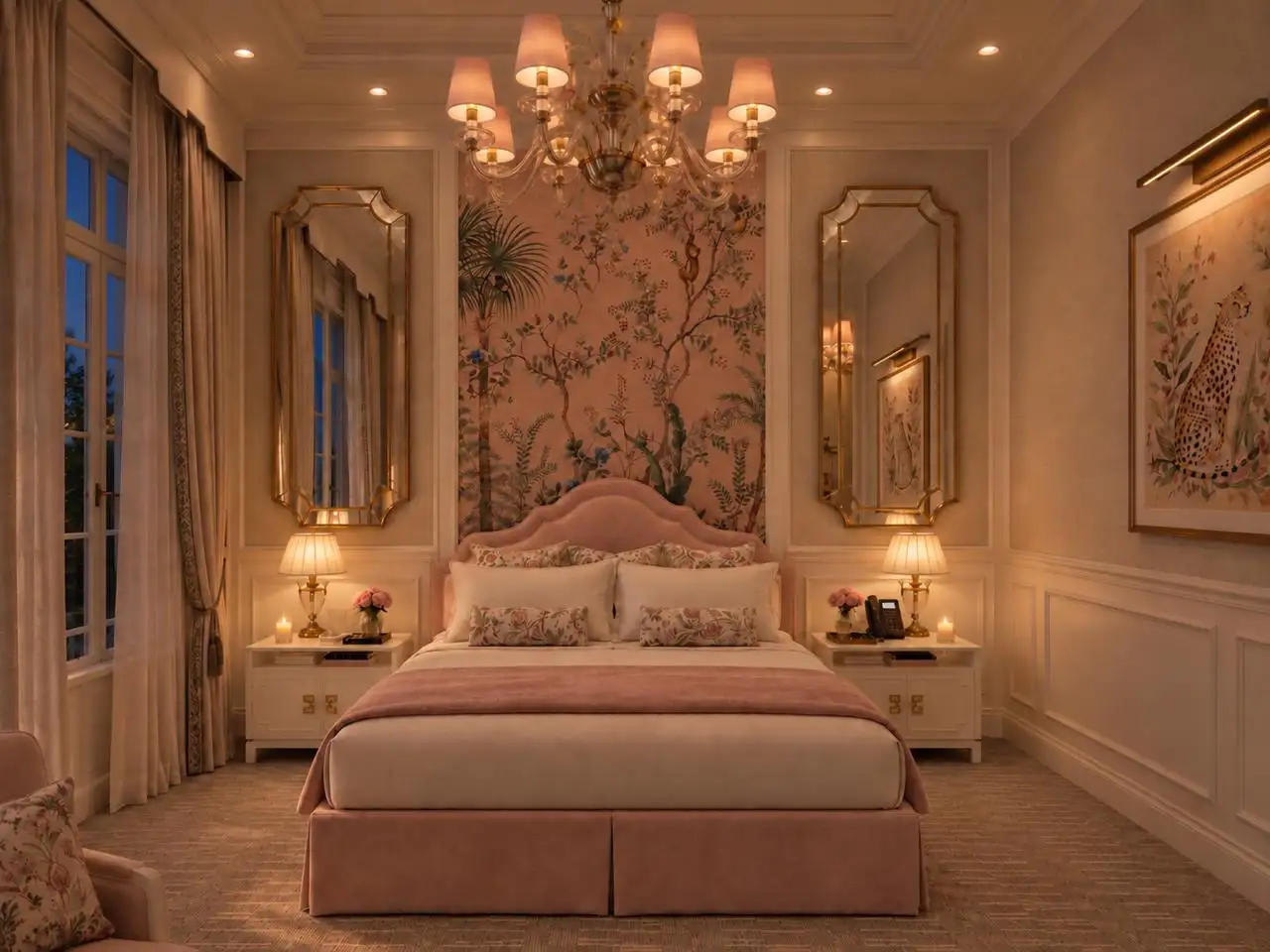 Guest suite in evening light with gilded mirrors