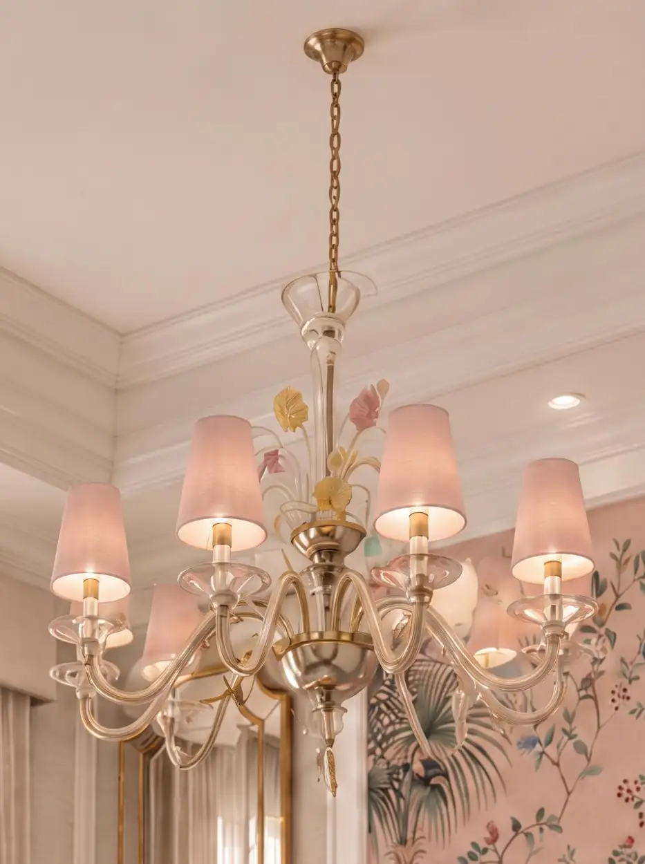 Crystal chandelier with pink shades
