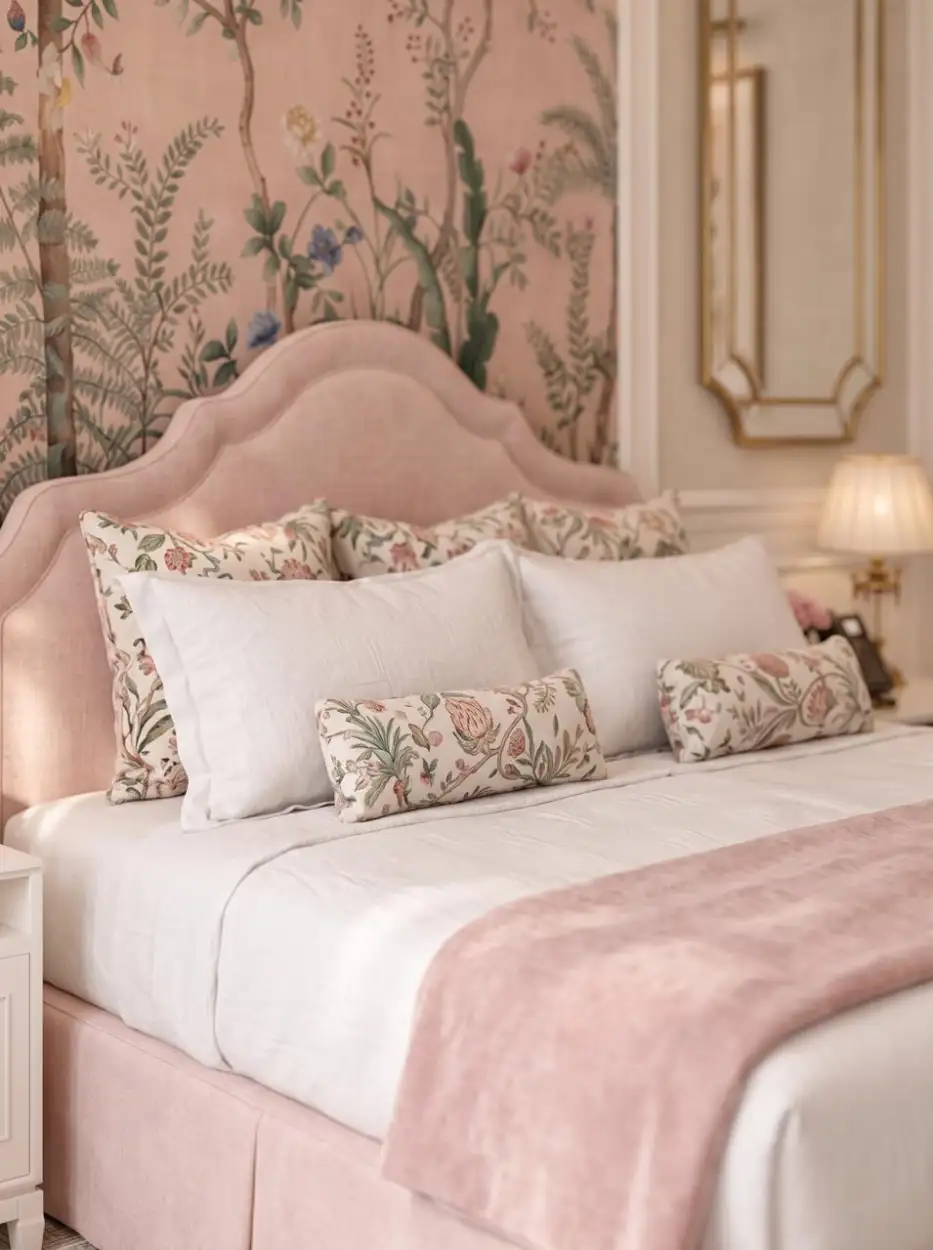 Bed with botanical cushions and a pink throw
