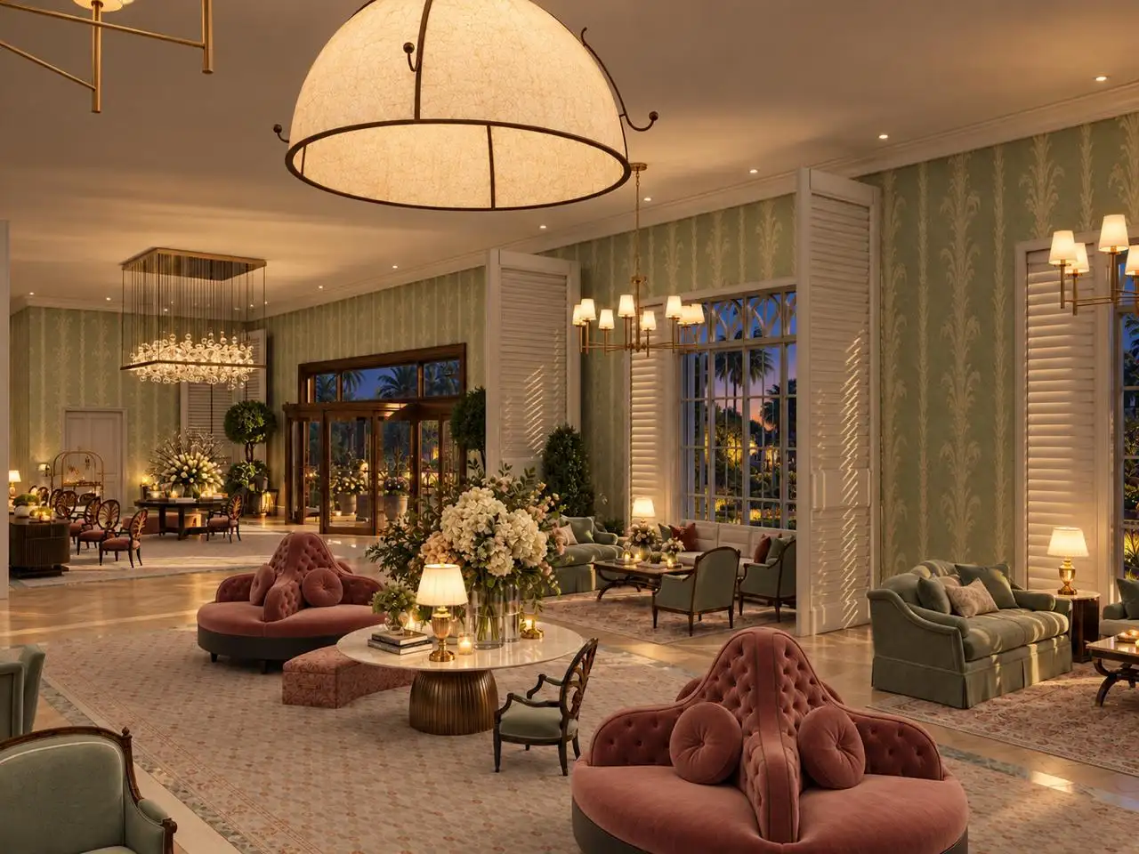 Lobby lounge at night beneath the dome pendant