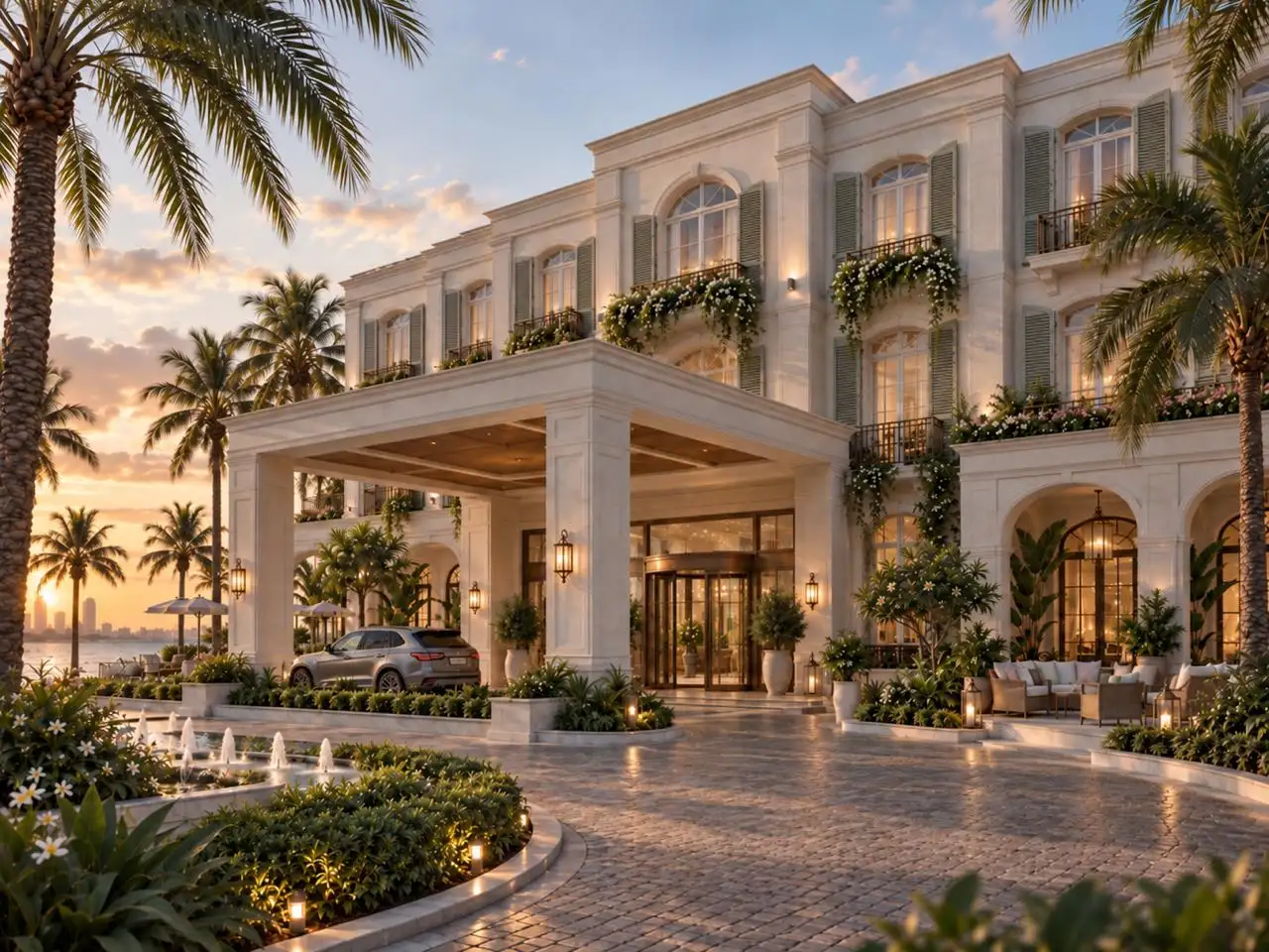 Hotel entrance among palms at sunset