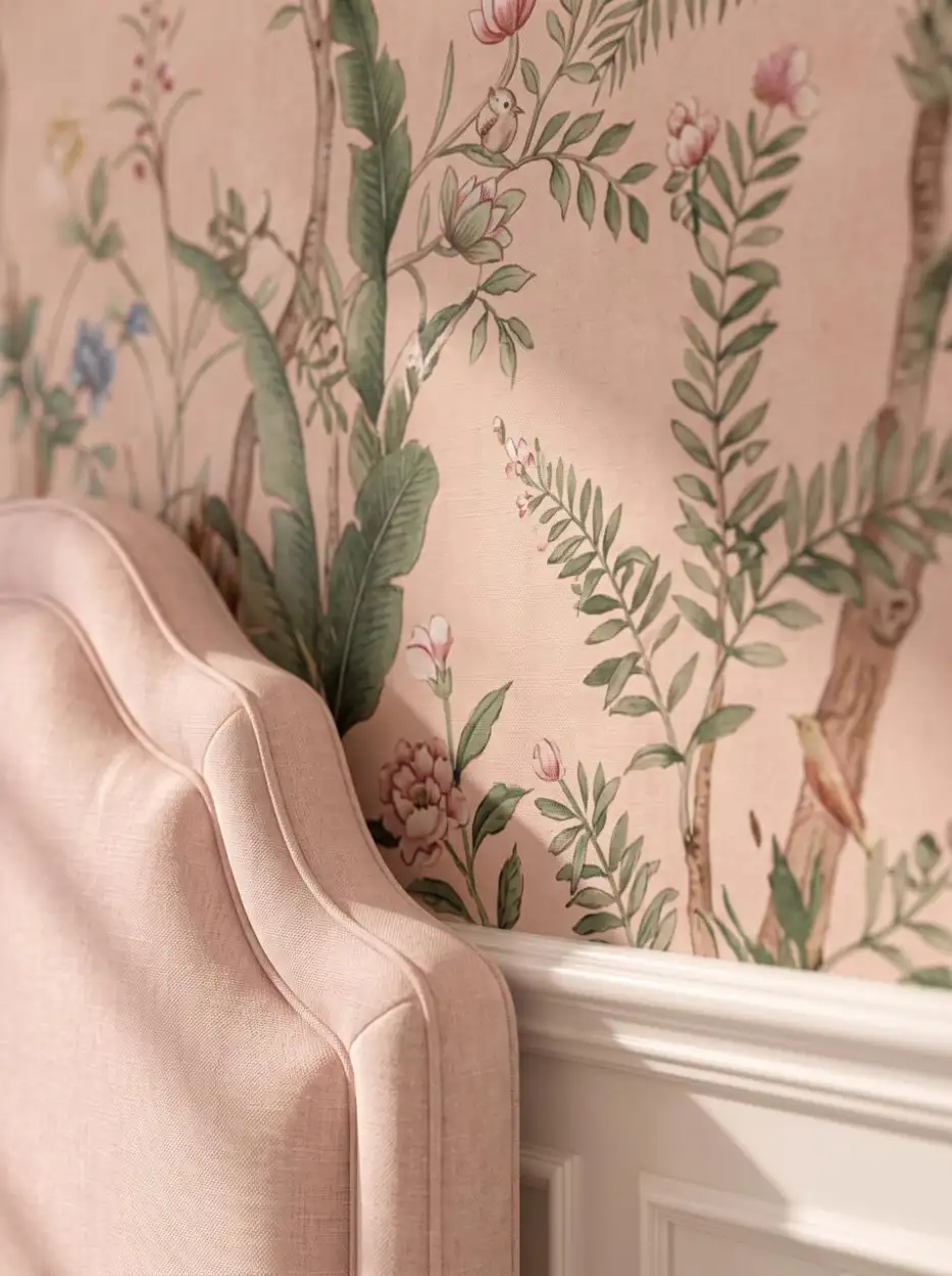 Pink headboard against a botanical mural