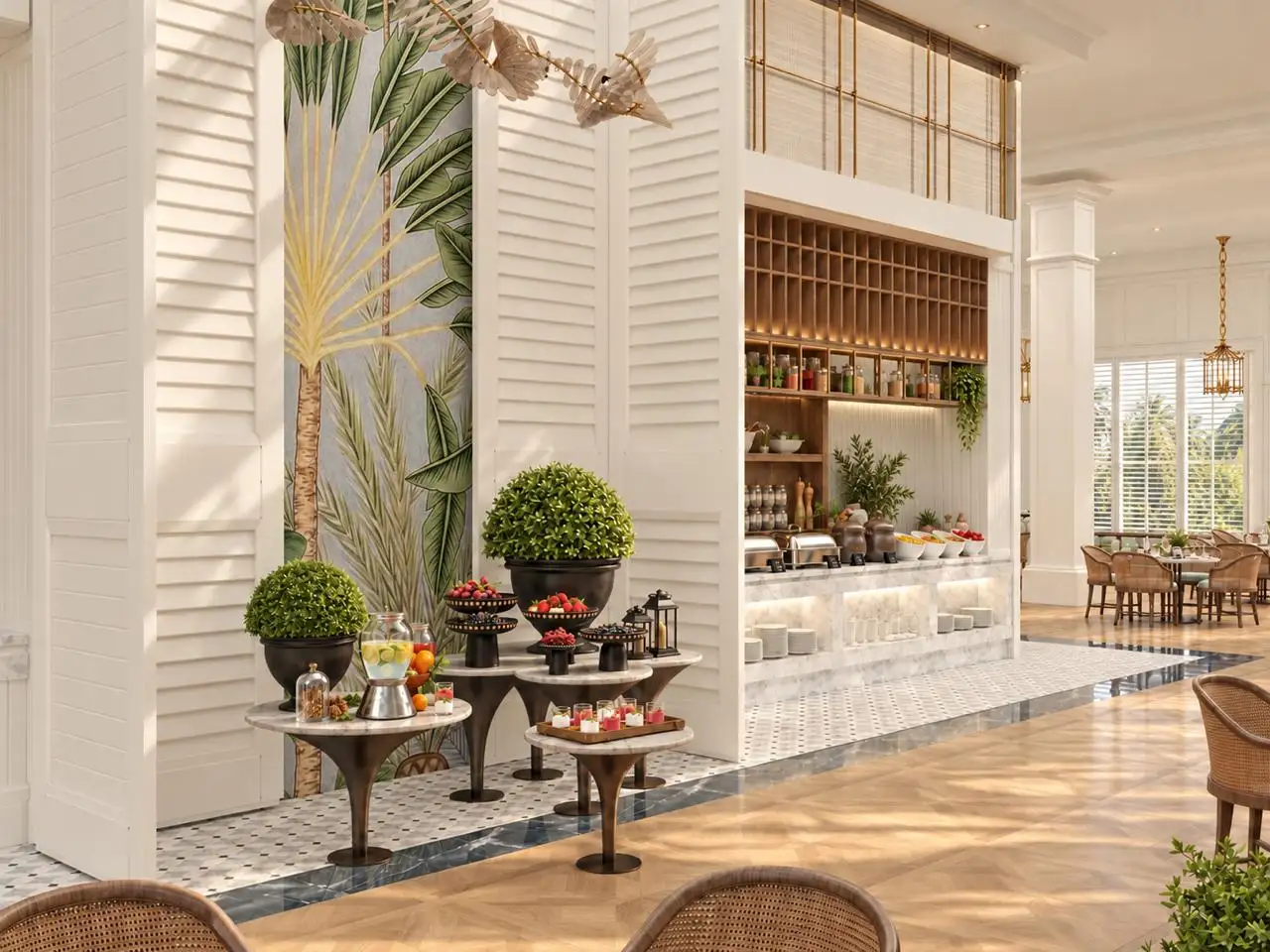 Dessert stands and buffet beside white louvred doors