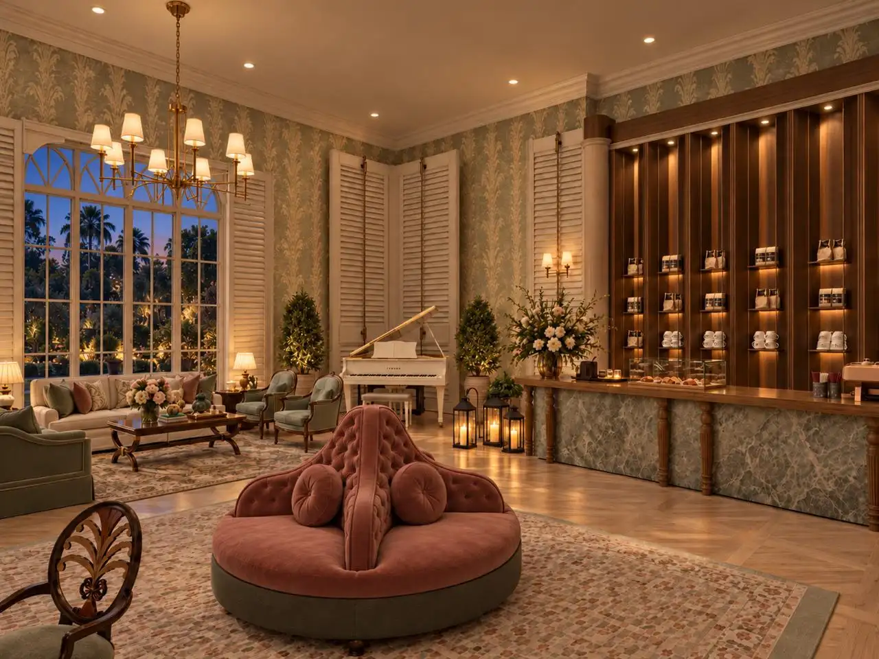 Lobby at dusk with a pink banquette and lit shelving