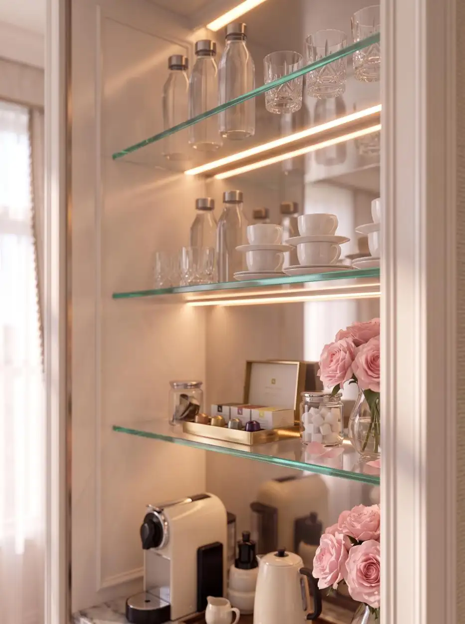 Glass shelves with a coffee station in the suite