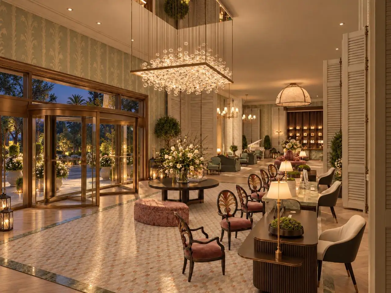 Lobby lounge beneath a crystal chandelier at dusk