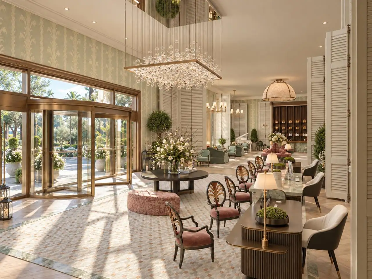 Lobby lounge with banquettes and armchairs in daylight