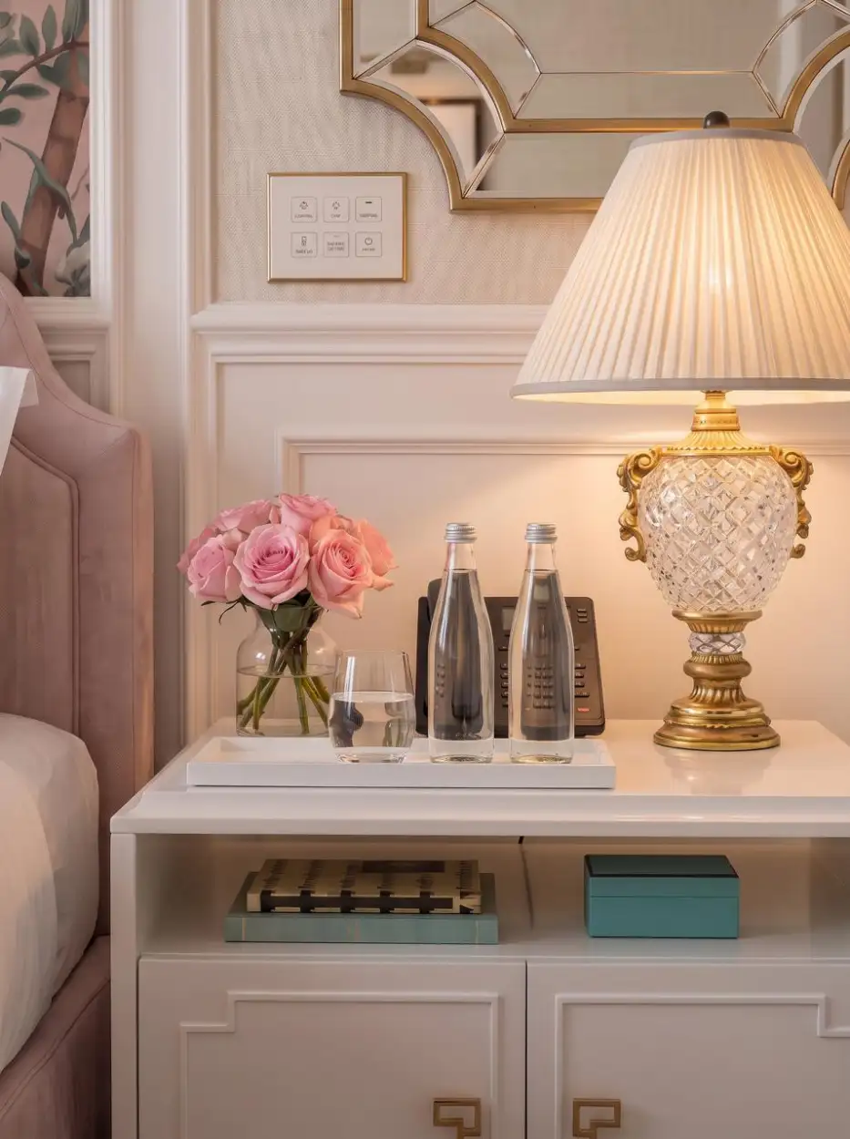 Bedside table with pink roses and a crystal lamp