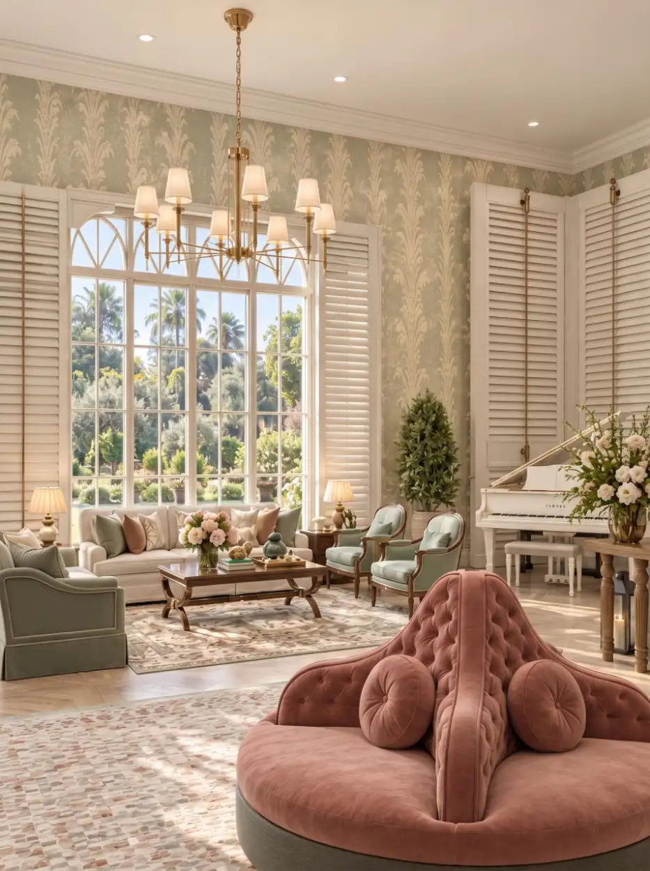 Lounge with a pink banquette and a white piano by arched windows