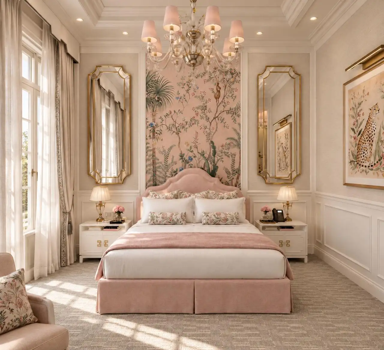Guest suite with a pink bed, botanical wall and gilded mirrors