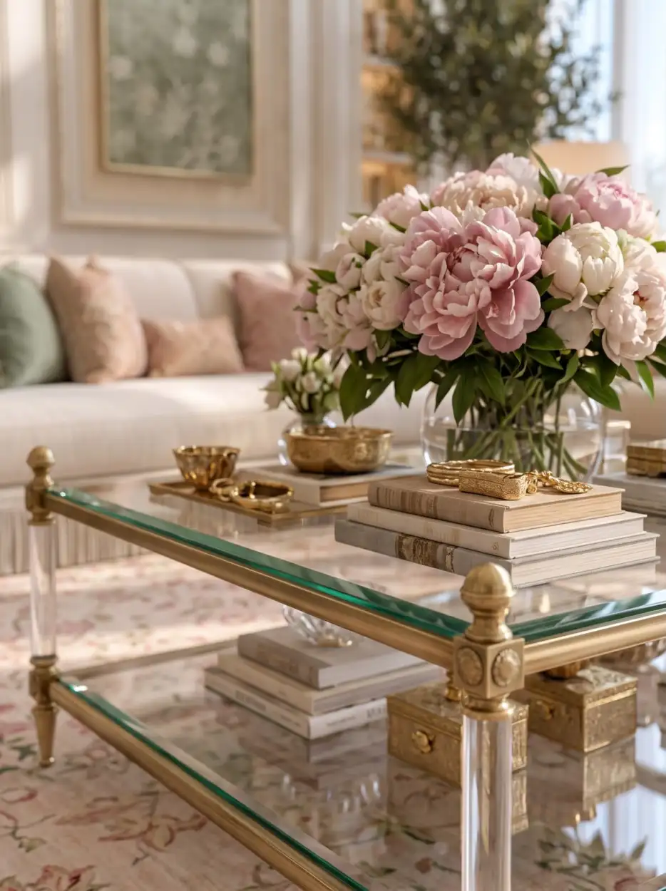 Pink and ivory peonies on a glass and brass coffee table