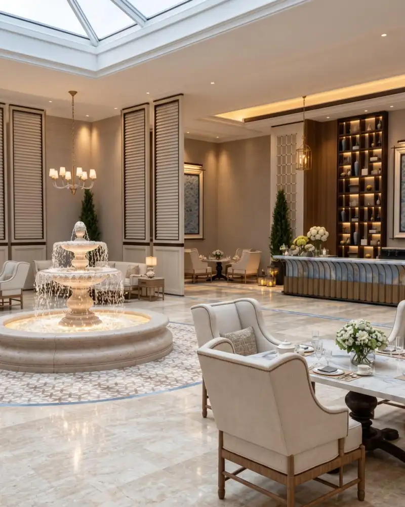Skylit lobby with a travertine fountain, ivory armchairs and a reception desk before lit shelving